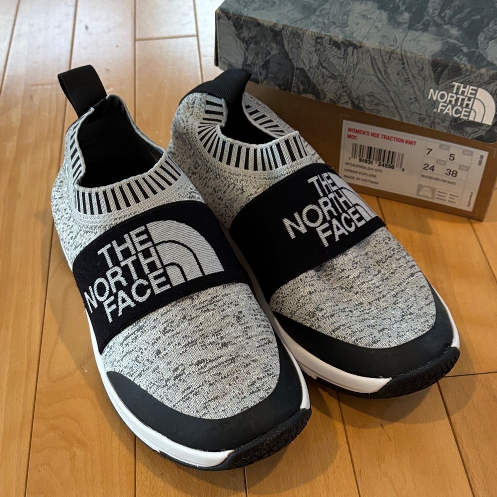 The North Face Women's Grey Marled Slip-On Knit Sneakers with Black Logo Strap